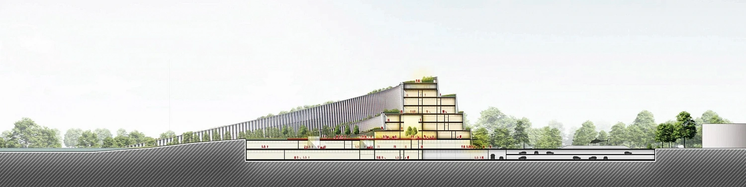 Архитектурное бюро MarioCucinellaArchitects представило проект госпиталя, который словно «вылезает» из под-земли